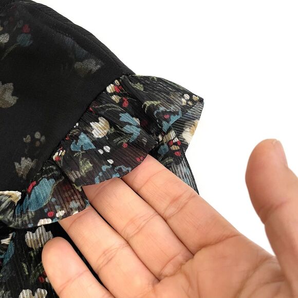 ZARA BASIC Women’s Floral Print Semi Sheer Blouse Top Ruffled Sleeve Blk - Picture 4 of 10